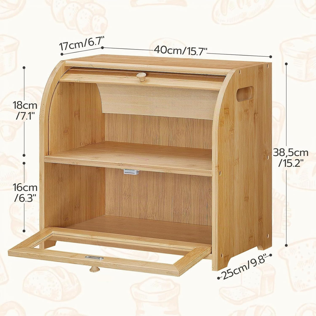 HOOBRO Brotkasten Bambus, 2-stöckiger Brotkorb, Brotbox, Brotaufbewahrung mit Rolldeckel und Vitrine