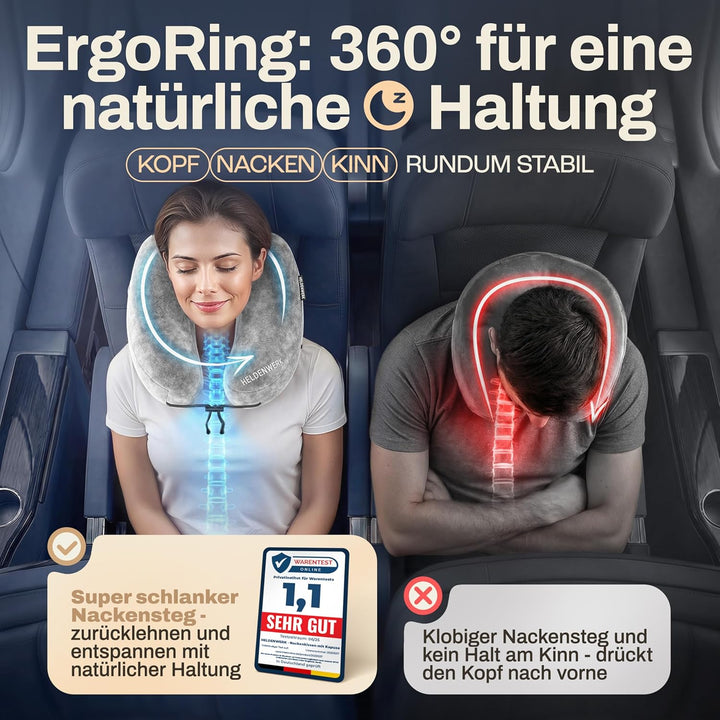 HELDENWERK® Air Nackenkissen Flugzeug Aufblasbar | Reisekissen für 5 Schlafpositionen, schnell aufbl