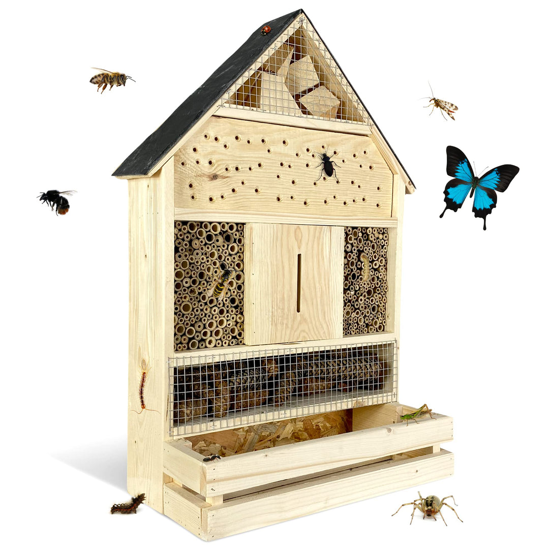 GARTENETAGE Insektenhotel zum Aufhängen XXL mit Pflanzenbalkon &amp; Schieferdach/Naturbelassenes, massi