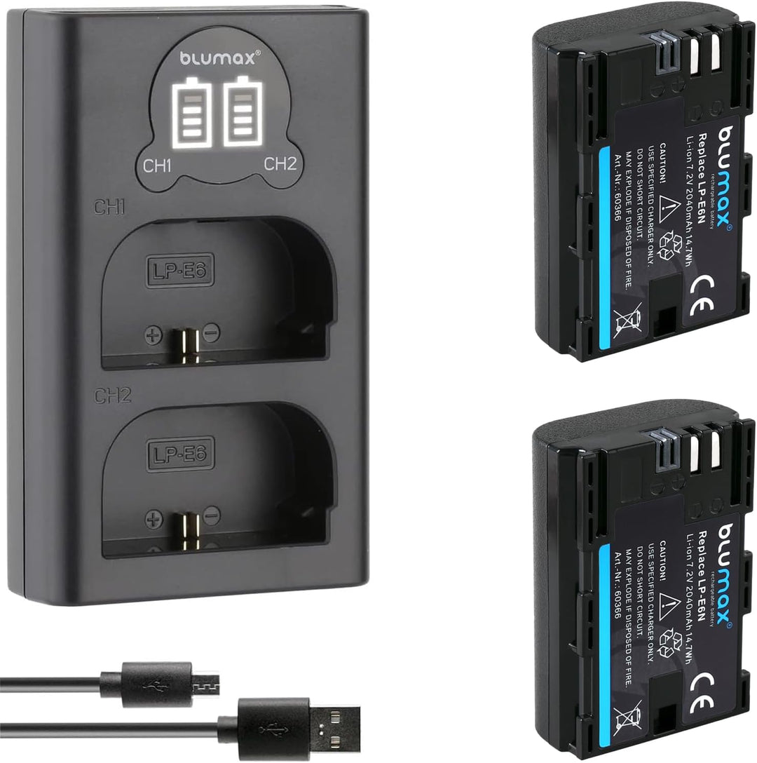 Blumax 2 x Akku kompatibel mit Canon LP-E6N / LP-E6 2040mAh + Dual-Ladegerät | EOS R RA R5 R6, 7D Ma