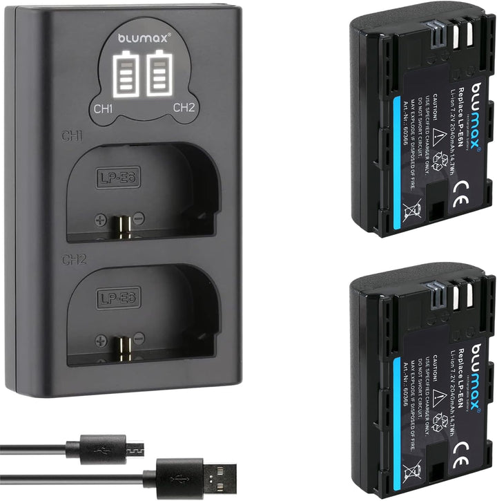 Blumax 2 x Akku kompatibel mit Canon LP-E6N / LP-E6 2040mAh + Dual-Ladegerät | EOS R RA R5 R6, 7D Ma