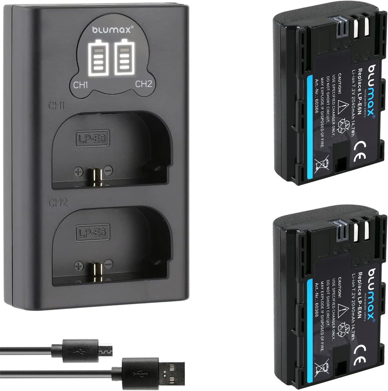 Blumax 2 x Akku kompatibel mit Canon LP-E6N / LP-E6 2040mAh + Dual-Ladegerät | EOS R RA R5 R6, 7D Ma