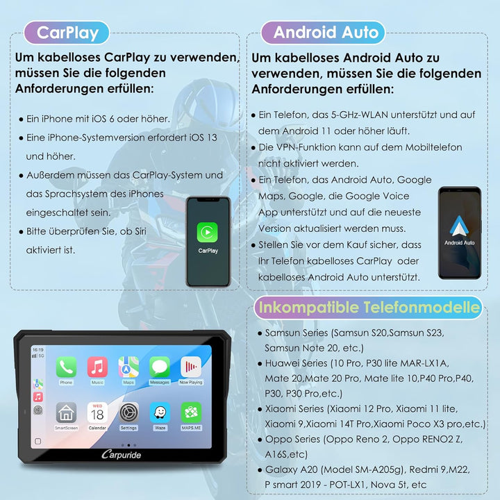 W702S Pro Motorrad Carplay Bildschirm mit BM05 Halterung für Plug-and-Play, Kabellos CarPlay & Andro
