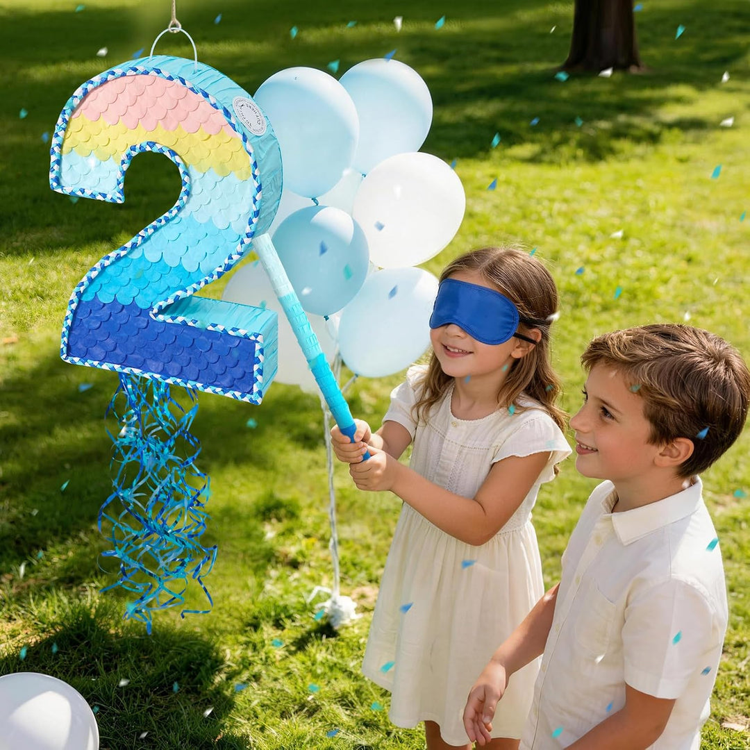 WERNNSAI Nummer 2 Piñata Set - Blaue Deko mit Augenbinde & Schläger | Aus robuster Wellpappe; ideale