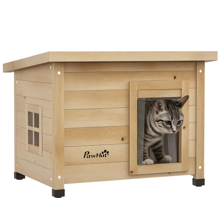 PawHut Katzenhaus aus Holz Winterfest wasserdicht Katzenhütte mit Asphaltdach Fenster Türvorhang Erh