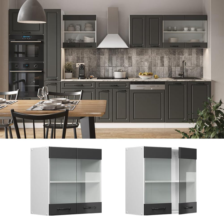 Vicco Küchenschrank Glas R-Line, Anthrazit Landhaus/Weiss, 60 cm Anthrazit Landhaus Hängeglasschrank