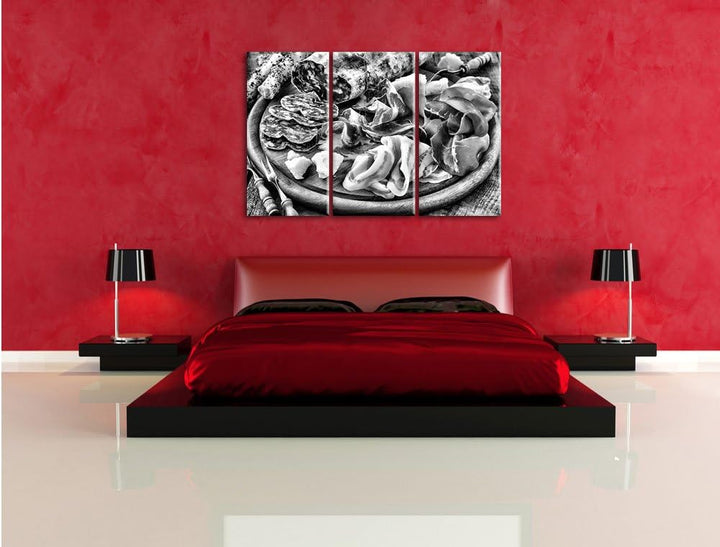 Pixxprint Brotzeit mit Wurst als Leinwandbild | Grösse: 3 Teilig (120x80) | Wandbild| Kunstdruck | f