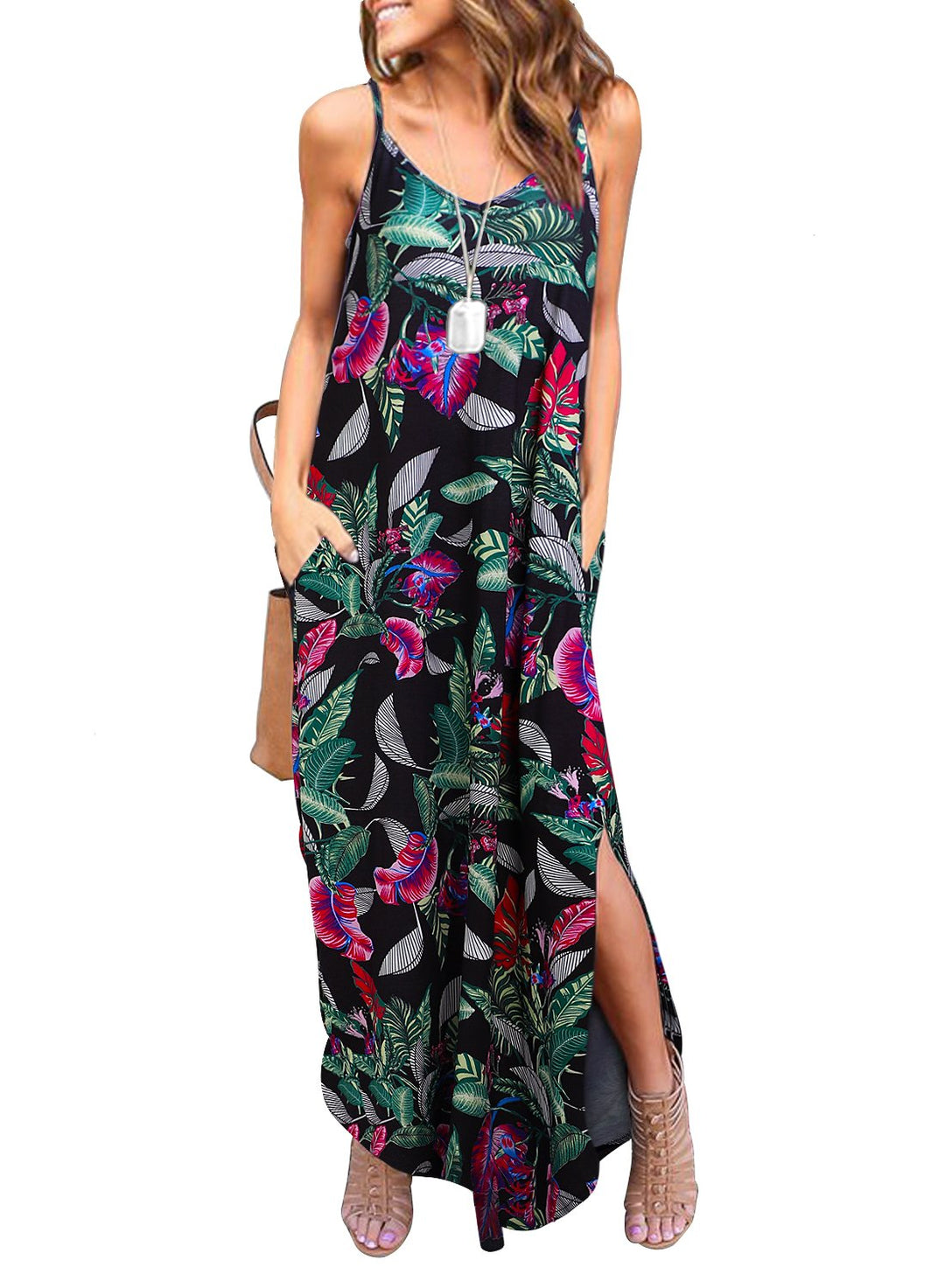 HUSKARY Damen-Sommerkleid, lässig, ärmellos, V-Ausschnitt, Riemen, geteilt, lockeres Kleid, Strandkl