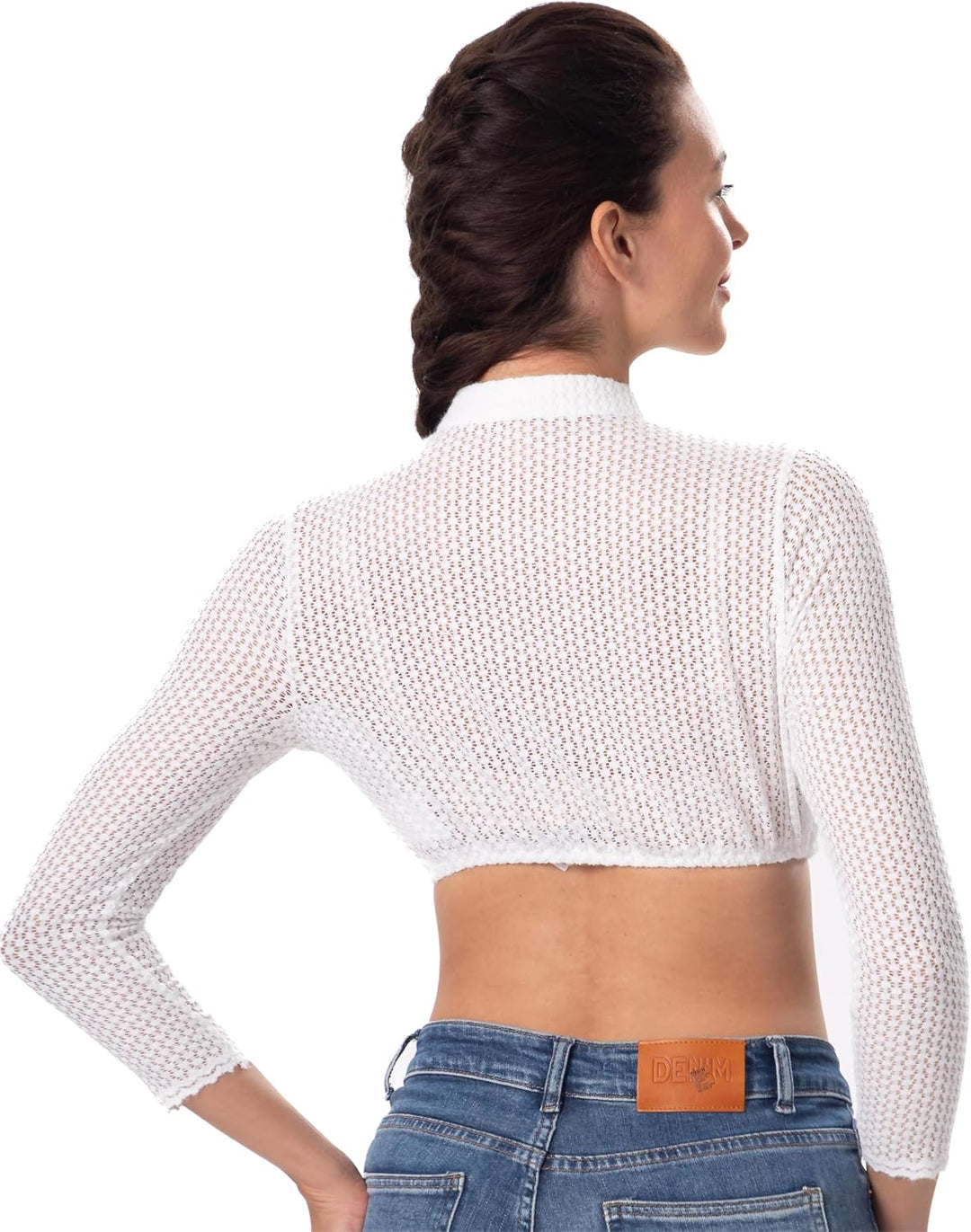 Elegante Blumen Streifen Spitze Hochelastisch Stoff Hochwertig 3/4 Ärmel Dirndlbluse Weiss Spitze Di