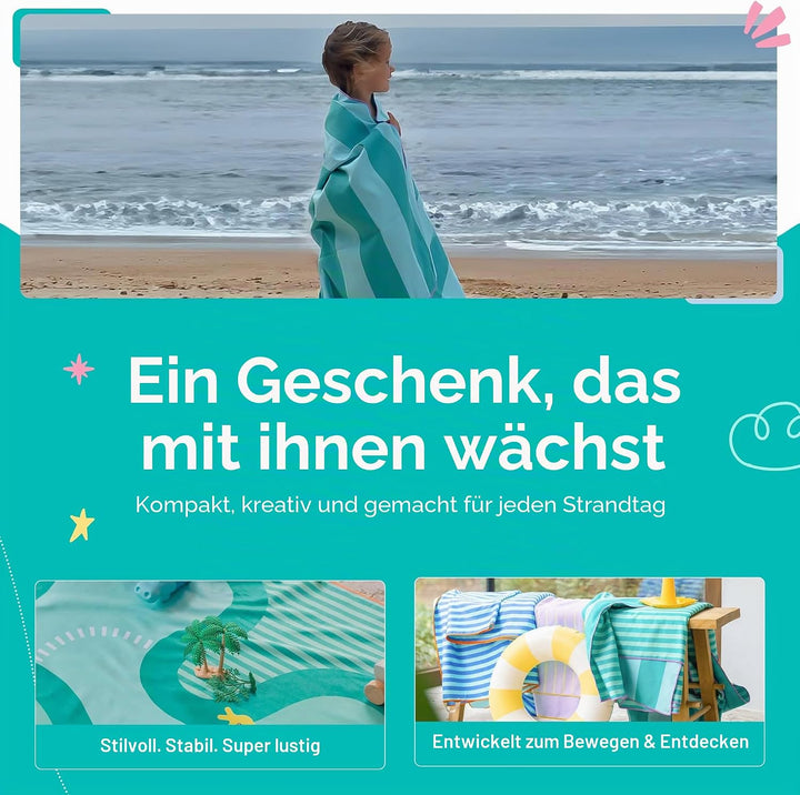 Quut – Strand-/Poolhandtuch für Kinder mit Spiel – Ultraschnell trocknende Mikrofaser, sandfrei – ko