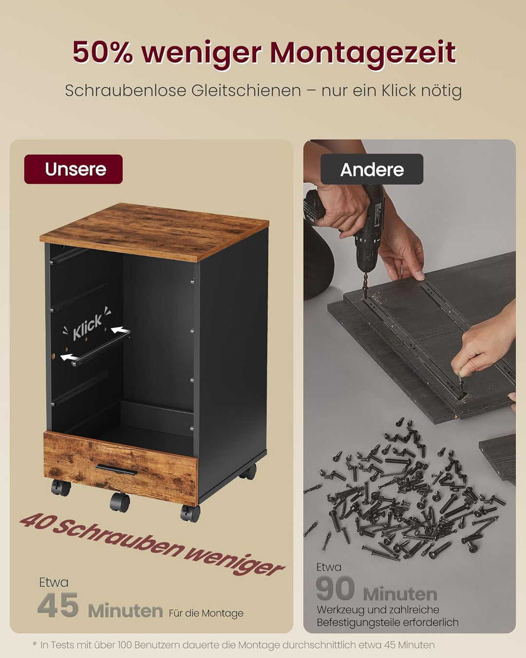 VASAGLE Rollcontainer, mobiler Aktenschrank, Schubladenschrank, Druckerständer mit 5 Schubladen, mit