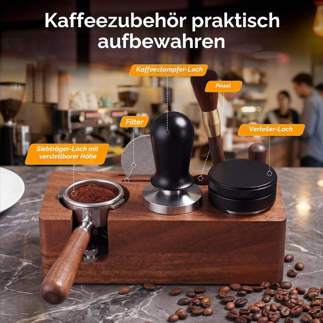 Tamperstation aus Walnussholz für 51-54mm - Siebträger Station &amp; Espresso Station mit Silikonkissen