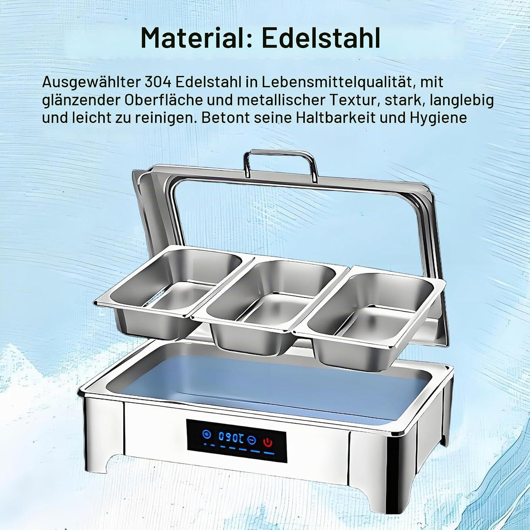 Chafing Dish Elektrisch, Edelstahl Speisewärmer Buffetwärmer 9L mit Sichtbarem Glasdeckel, Einstellb