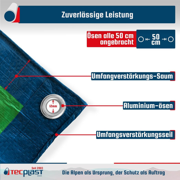 Landwirtschaftliche Abdeckplane 8x12 m - TECPLAST 150AG - Blau und Grün - Hohe Qualität - wasserdich
