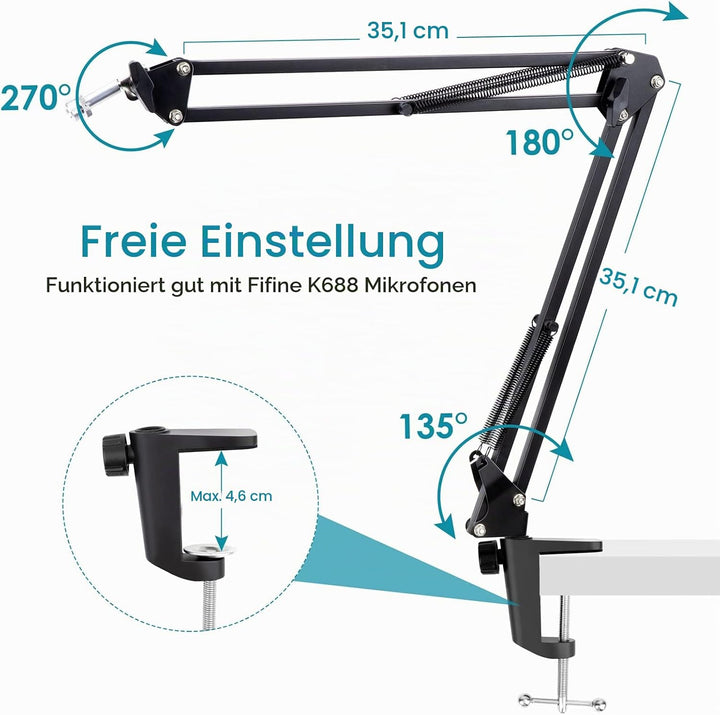 FIFINE K688 Mikrofonarm Boom Arm - Mikrofon Schwenkarmständer kompatibel mit FIFINE Recording XLR/US