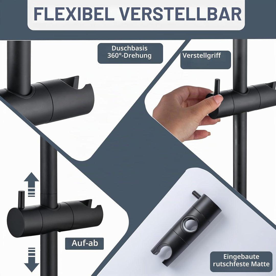 DETBOM Edelstahl Brausestange Schwarz 70cm, Duschstange mit Duschkopfhalterung 360°Drehbar,Duschstan
