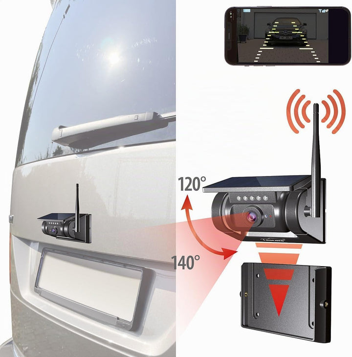 Lescars Auto Kamera: Autarke WLAN-Solar-HD-Rückfahrkamera, Akku, magnetisch, IR-Nachtsicht (Solar Rü