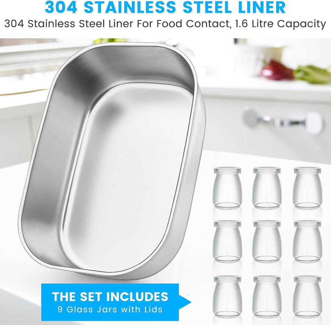 Jogurtbereiter, 9 Glasbehälter à 90 ml für bis 1,6L selbstgemachten Joghurt,Yogurt Maker mit Tempera