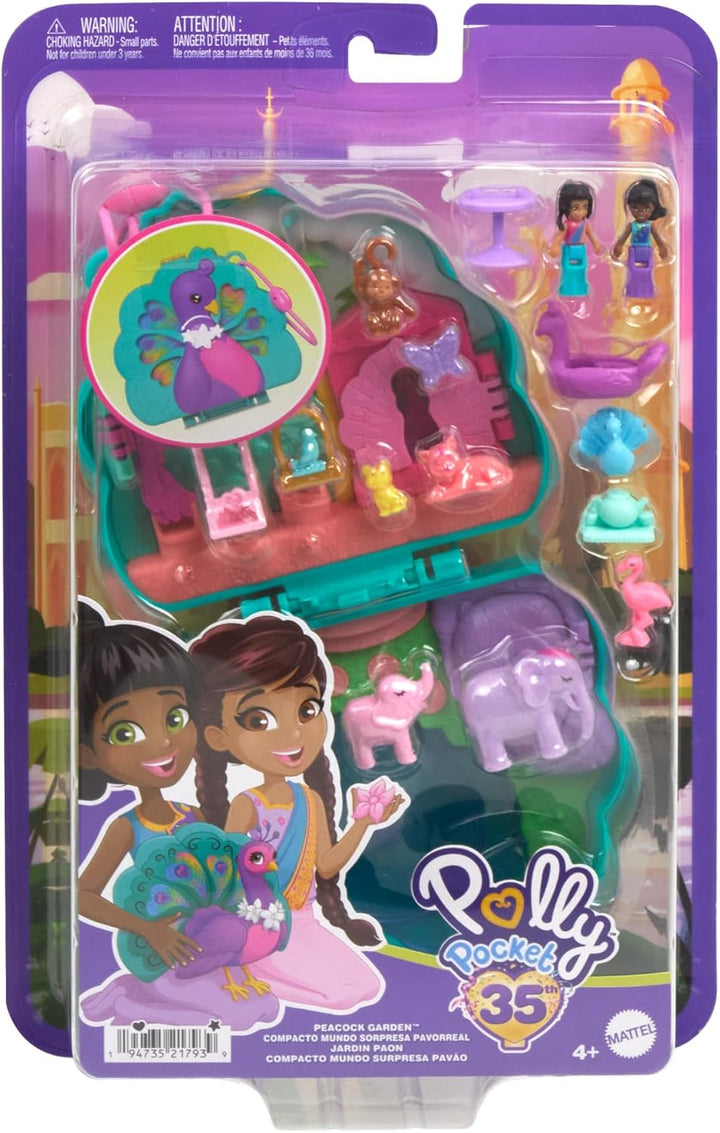 Polly Pocket-Puppen und Spielset, Peacock Garden-Schatulle, Reisespielzeug mit 2 kleinen Puppen und