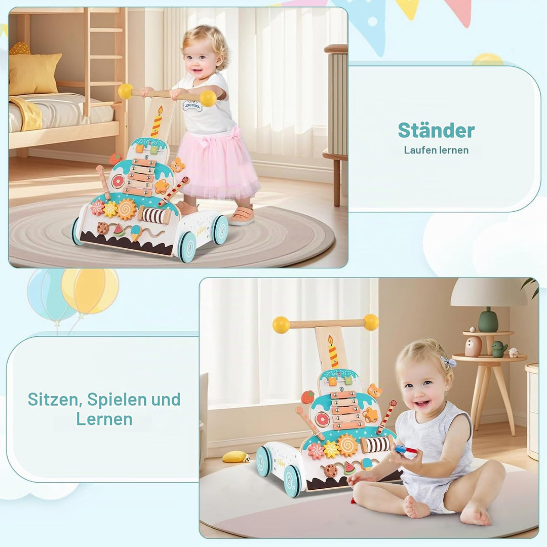 DREAMADE Lauflernhilfe aus Holz, Montessori Laufwagen mit einstellbarer Höhe und leichtgängigen Räde