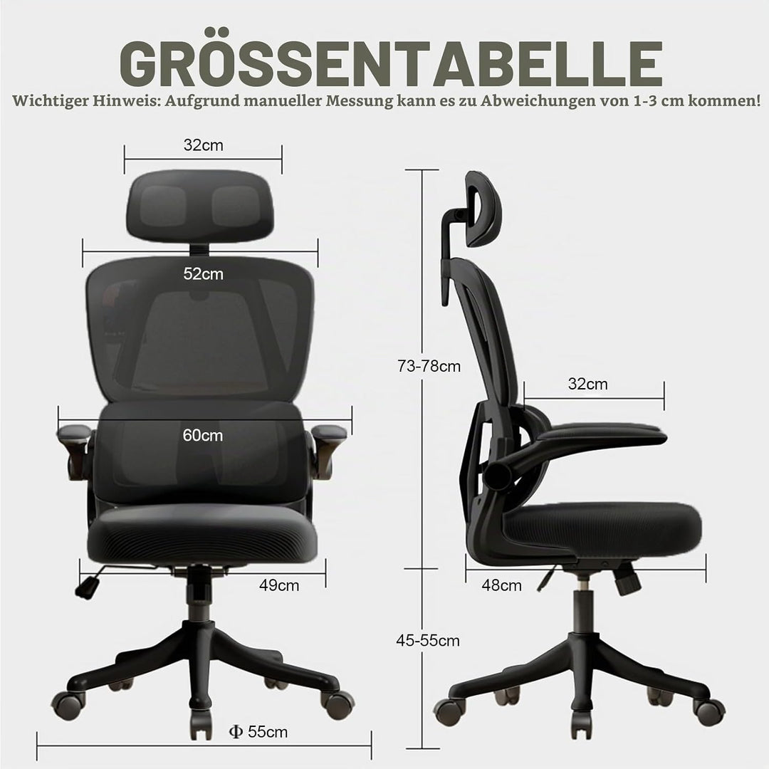 Ergonomischer Bürostuhl – Schwarz | Hochlehner Netz-Bürostuhl mit Lendenstütze,Klappbaren Armlehnen