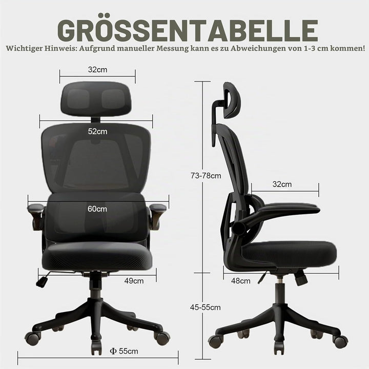 Ergonomischer Bürostuhl – Schwarz | Hochlehner Netz-Bürostuhl mit Lendenstütze,Klappbaren Armlehnen