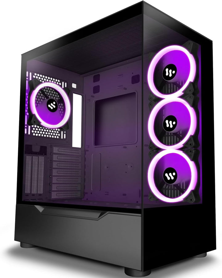 KEDIERS PC Gehäuse - Vorinstallierte 4 PWM ARGB lüfter， E-ATX Tower Gehäuse aus gehärtetem Glas， Sch