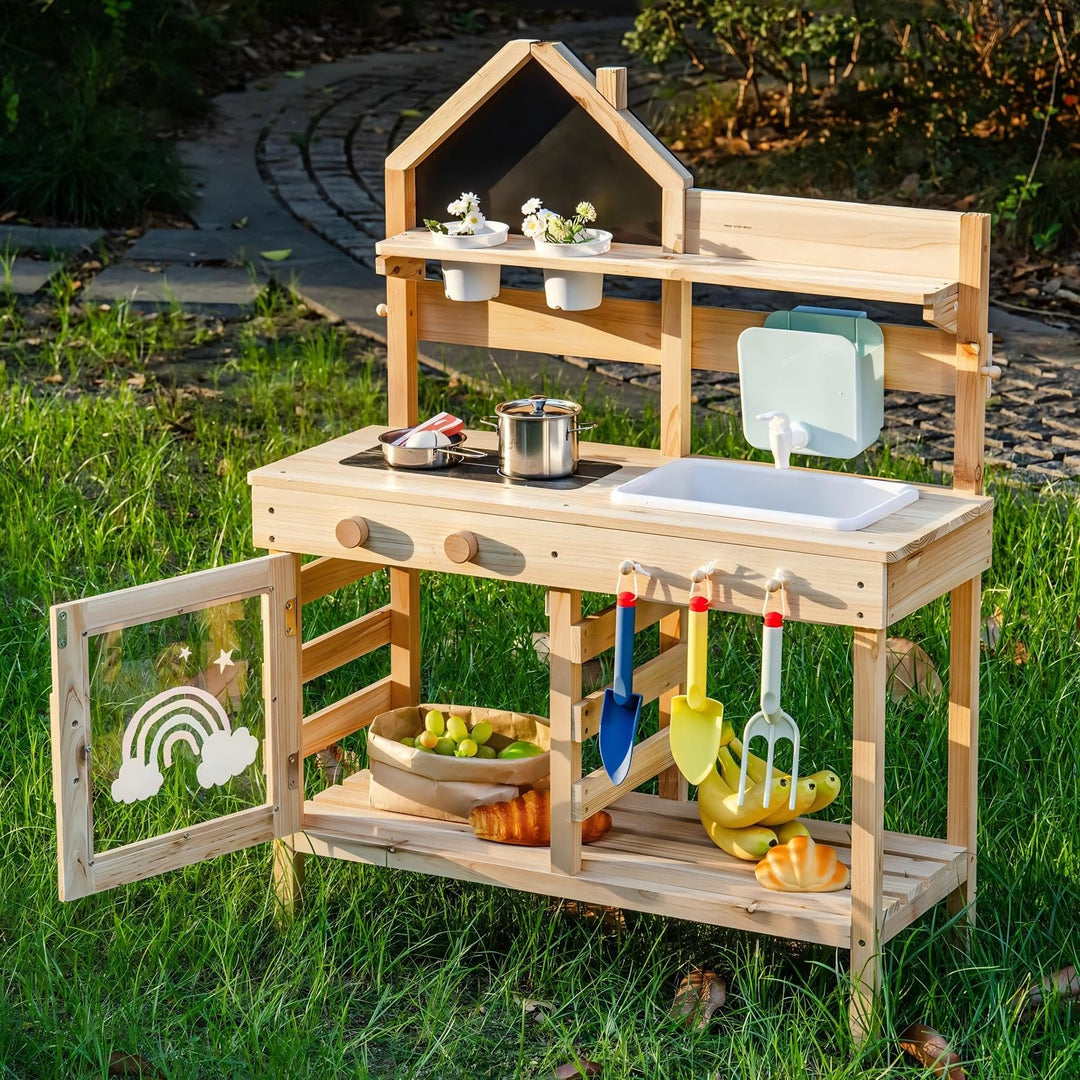 ROBUD Matschküche für Kinder Outdoor, Kinderküche Holz mit Echtem Wasserhahn & Wassertank, Gartenger