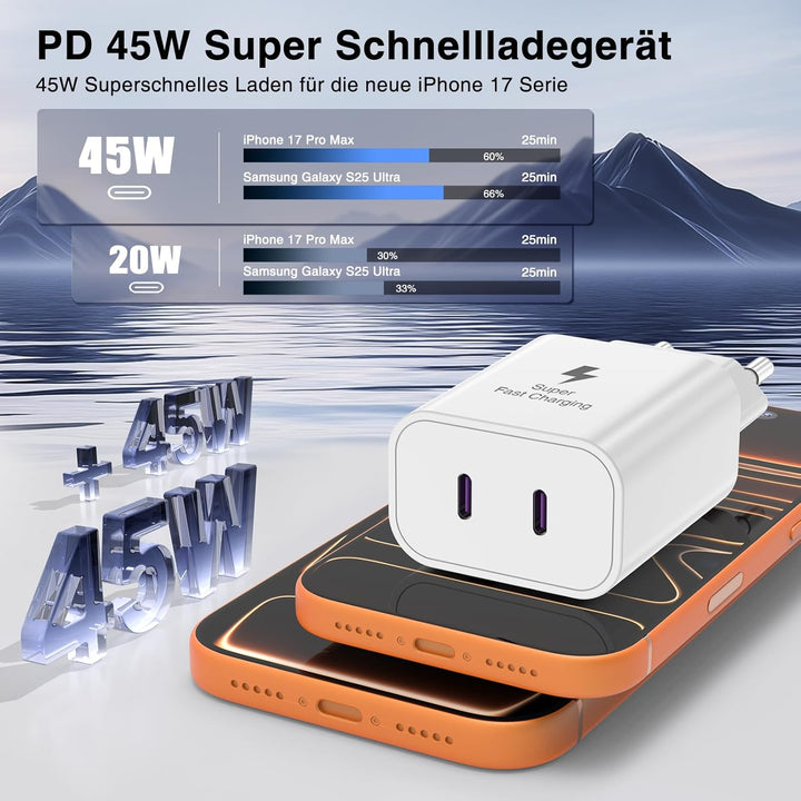 45W Ladegerät USB C Schnellladekabel für iPhone 17 16 15 Pro Max 17 15 16e Plus,iPad 13/11/10th,MFi-