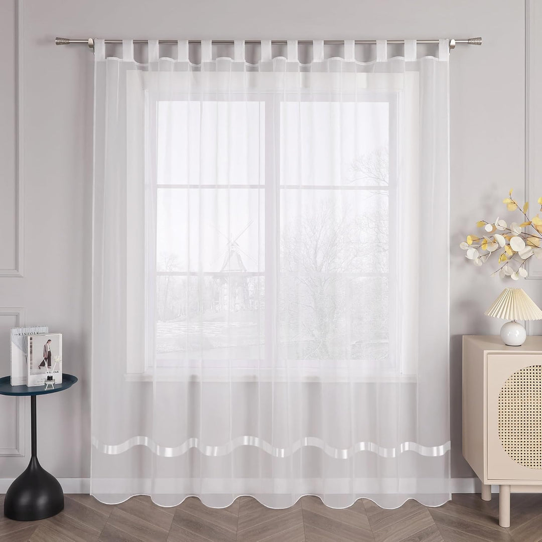 Stores Voile Gardine Schal Transparenter Vorhang mit Satinband Schlaufen H/B 145/300 cm Weiss H145 x