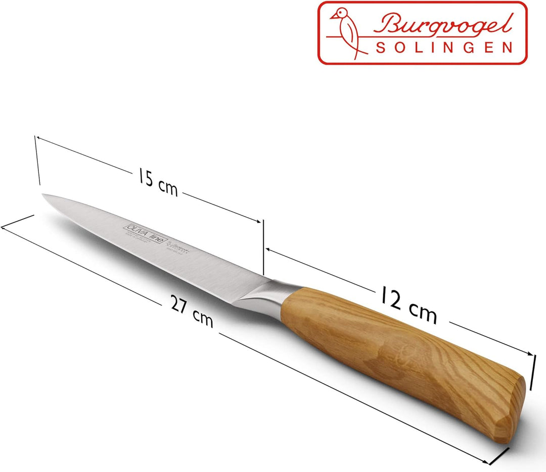 Burgvogel Solingen schmales Küchenmesser 15 cm geschmiedet Olivenholz, Oliva Line, rostfrei, deutsch