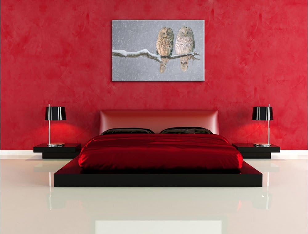 Pixxprint Zwei Eulen in Winterlandschaft Kunst Buntstift Effekt, Format: 100x70 auf Leinwand, 100x70