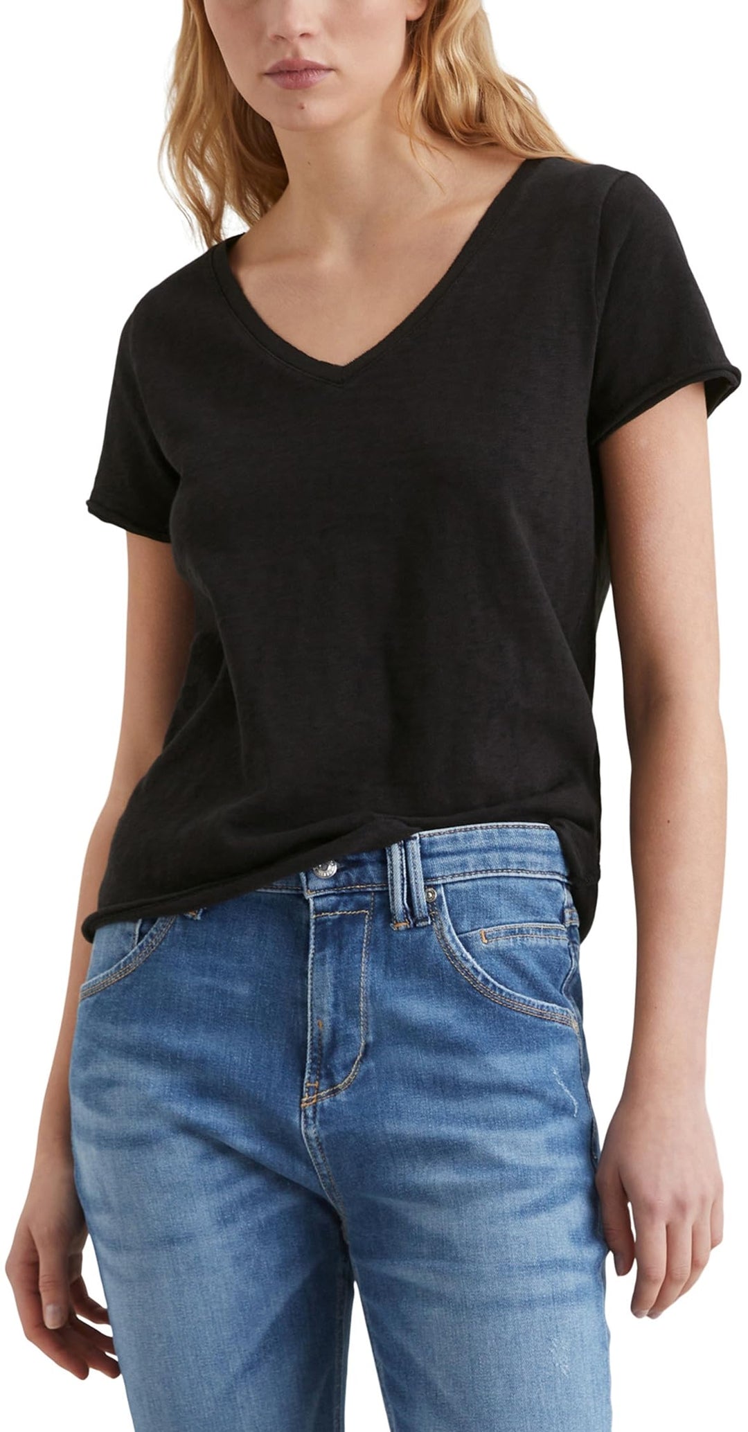 Marc O'Polo Denim Damen T-Shirt aus Bio-Baumwolle mit V-Ausschnitt XXS Schwarz, XXS Schwarz