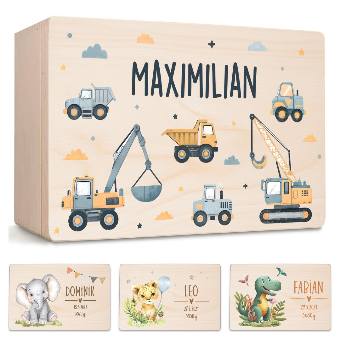 Little Deco Personalisierte Baby Erinnerungskiste mit Bagger | L - 40 x 30 x 22 cm - Design 5 | Holz