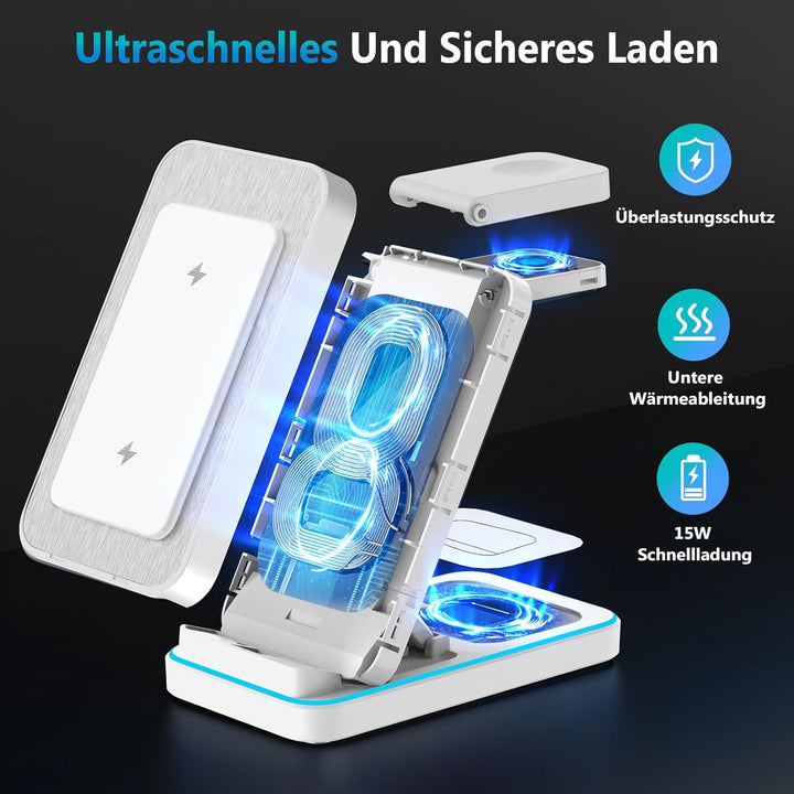 JOEAIS 3-in-1 Induktive Ladestation, Wireless Charger für Apple-Geräte mit Adapter, 15W Max Fast Mul