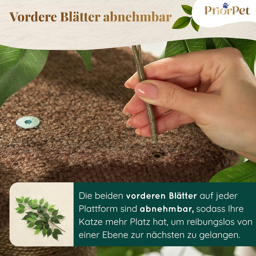 Kratzbaum mit Blättern – Stabiler & Platzsparender Katzenbaum – 4 kratzbare Ebenen & 3 Kratzsäulen –