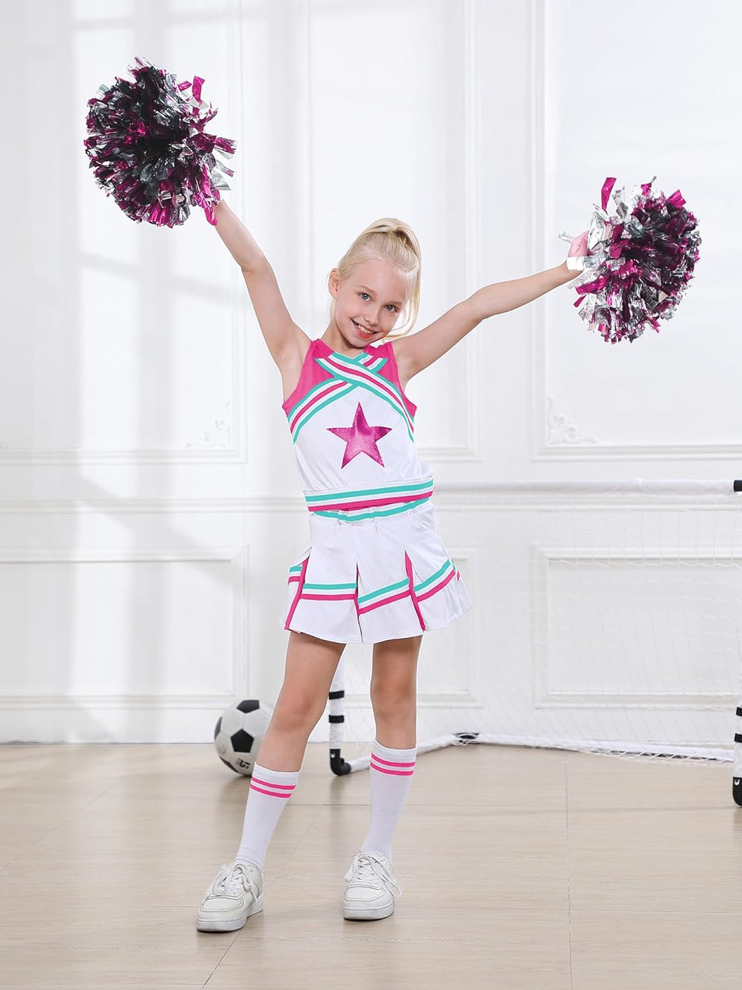 LOLANTA Mädchen Karneval Kostüm, Cheerleader kleid mit Pompoms und Socken, Mittelschule Cheerleading