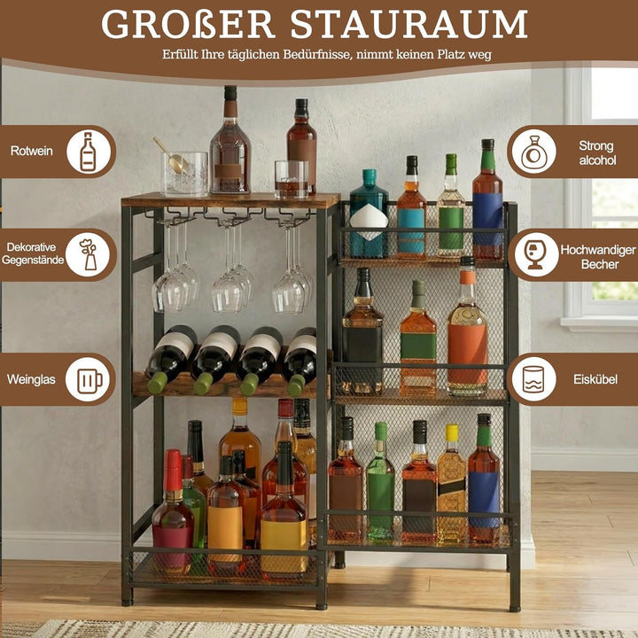 3-Tier Abgestufte Liquor Cabinet Mini Bar, Freistehendes Weinregal mit Geländer und Glashalter, Meta