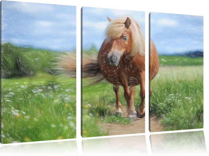 Pixxprint Shetlandpony auf der Wiese Kunst Buntstift Effekt 3-Teiler Leinwandbild 120x80 Bild auf Le