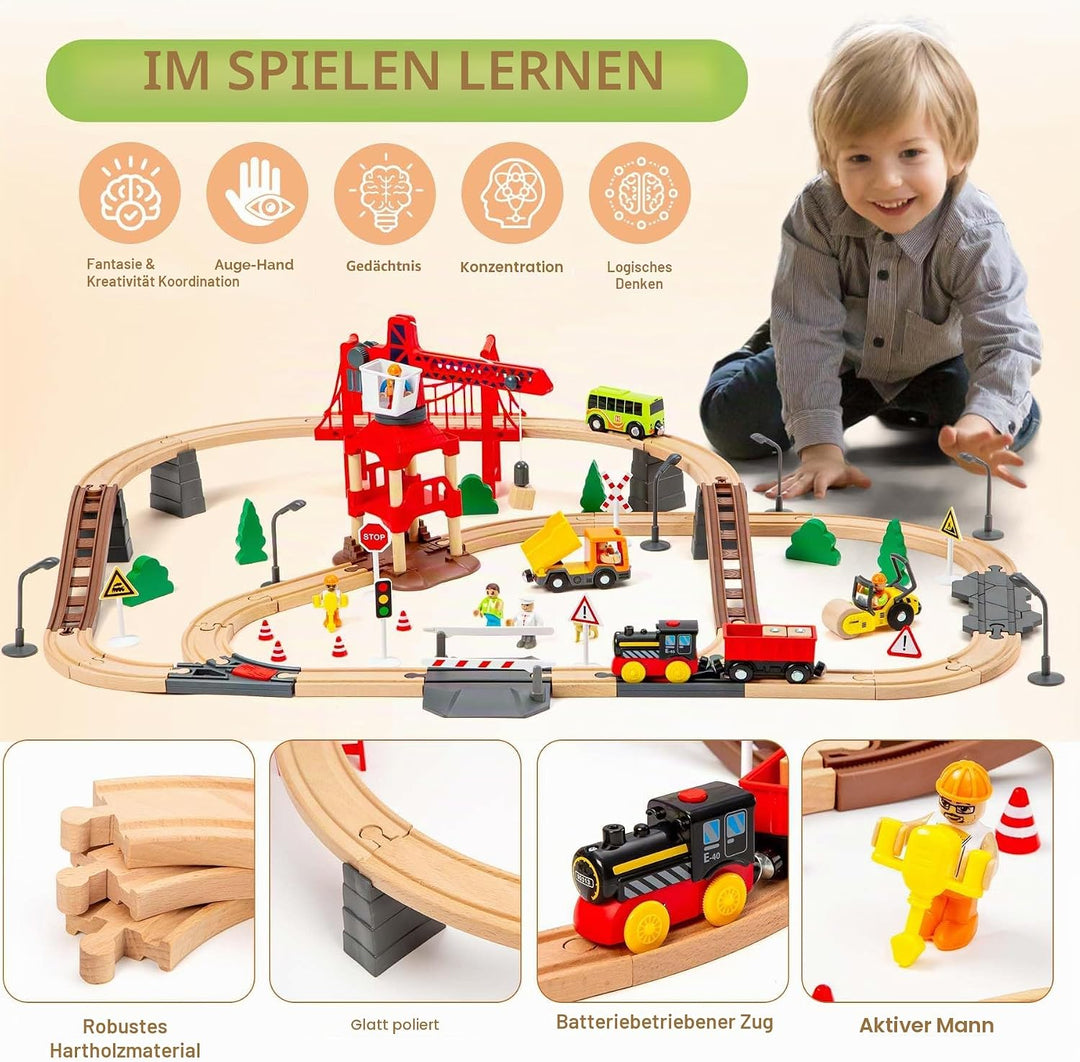 86PCS Holzeisenbahn Set mit Kran, Eisenbahn Holz mit Kran Spielzeug, Holz Eisenbahn Kinder, Passend