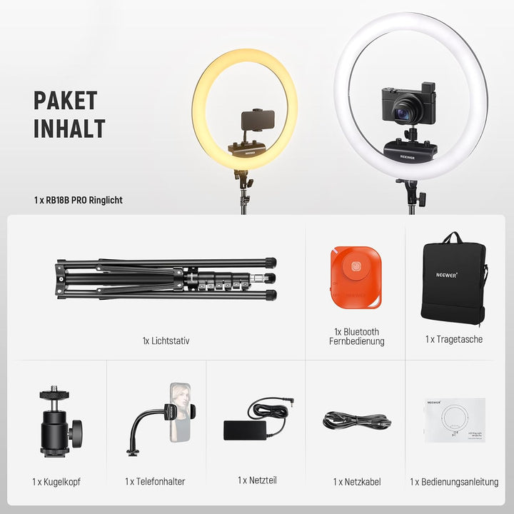 NEEWER Professionelles Ringlicht mit Ständer und Telefonhalter, 18" dünn, 45W 2900K-7000K TLCI98, Fe