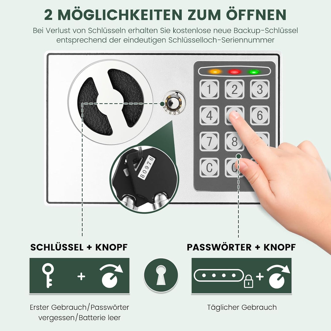 13L Mini Safe Tresor für Zuhause, Digitaler Tresor mit Ersatzschlüssel, Abnehmbarem Regal und Alarma