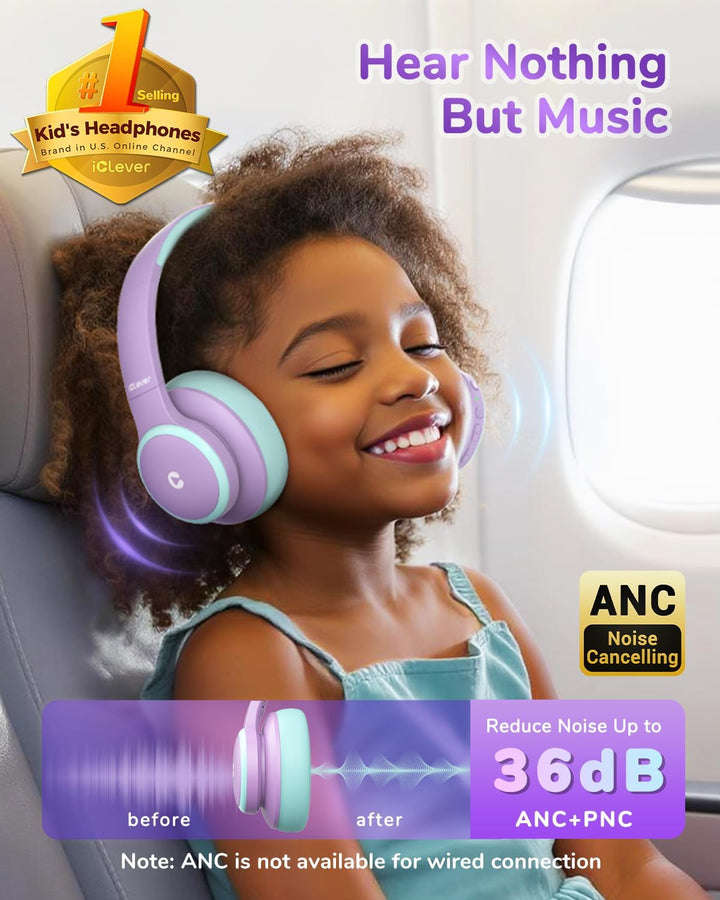 iClever Noise Cancelling Bluetooth Kopfhörer Kinder, 60 Spielzeit, Sichere Lautstärke 80 dBA, Typ-C-