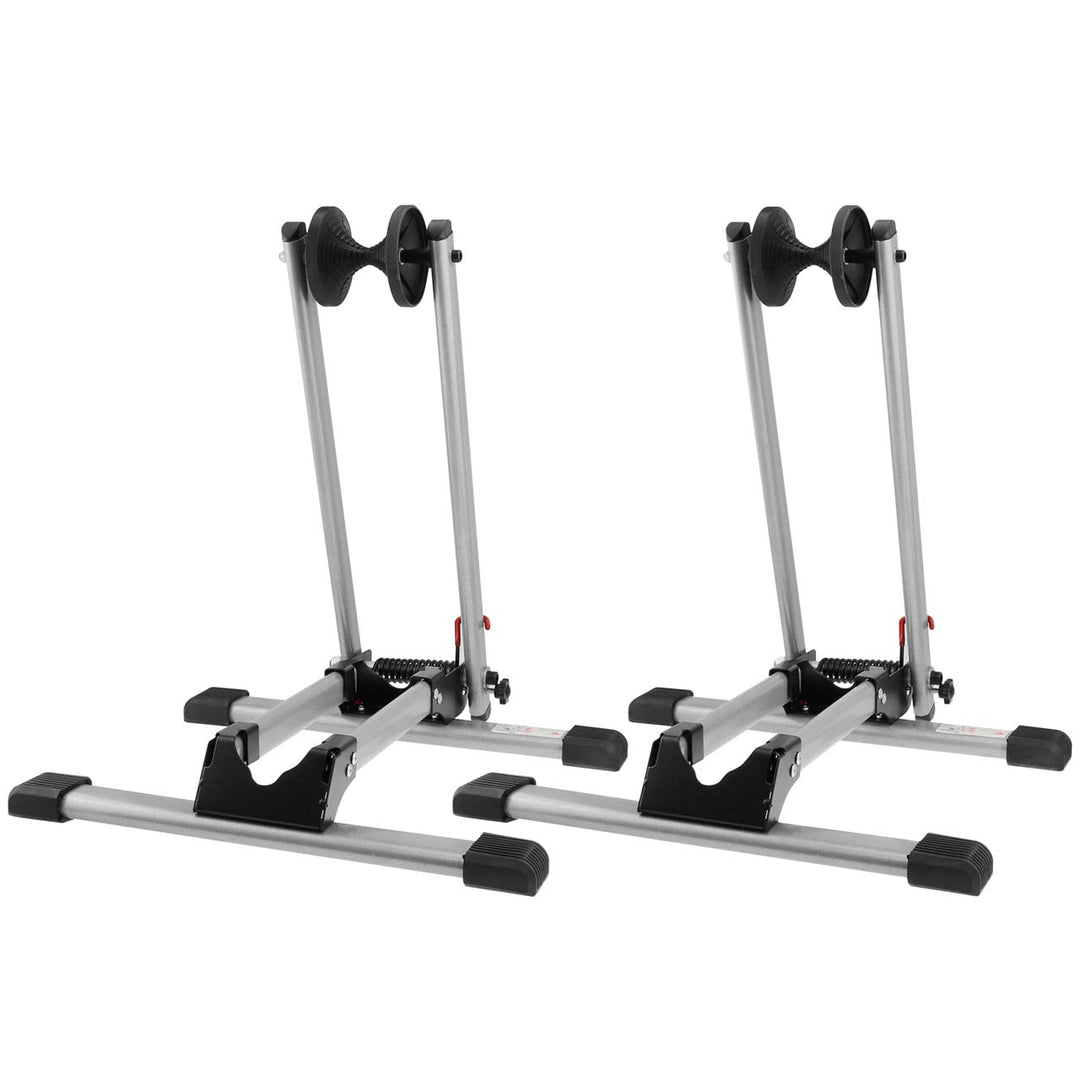 2x WELLGRO Fahrradständer - für Vorderrad oder Hinterrad, Stahl, silber, platzsparend zusammenklappb