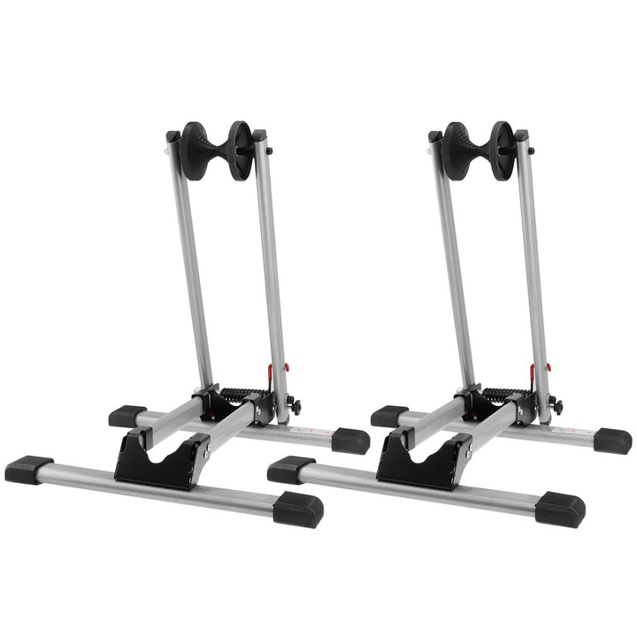 2x WELLGRO Fahrradständer - für Vorderrad oder Hinterrad, Stahl, silber, platzsparend zusammenklappb