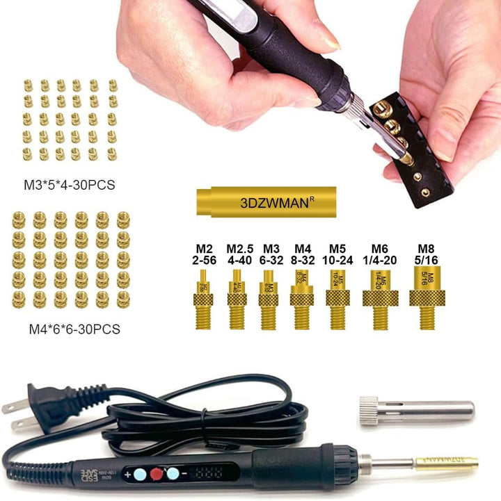 Heat Set Insert Tools kit Brass Nuts 3D Printing 60W Digital Soldering Iron 94PCS