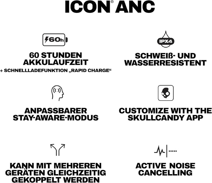 Skullcandy Icon ANC Wireless Bluetooth On-Ear-Kopfhörer, Active Noise Cancelling, 60 Stunden Akkulau