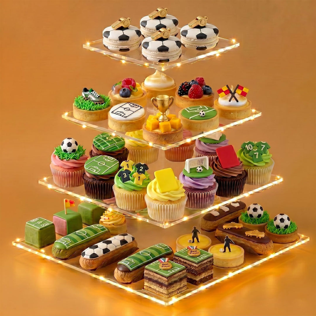 powerking 4 Tier Cupcake Stand，Acrylic Square Cake Holder Tree Tower with LED String Light，Clear Des