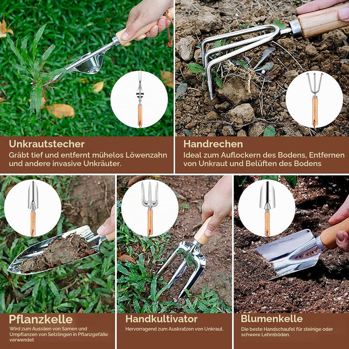 YAUNGEL Gartenwerkzeug Set, 10 Stück Schwerlast Edelstahl Gartenarbeit Kit mit Non-Slip Holzgriff- G