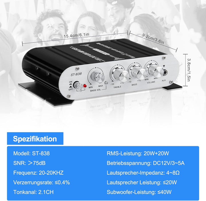 HiFi Audio Verstärker,2.1CH Stereo Verstärker,RMS 20Wx2+40W ST-838 mit Subwoofer Ausgang KlasseD Min